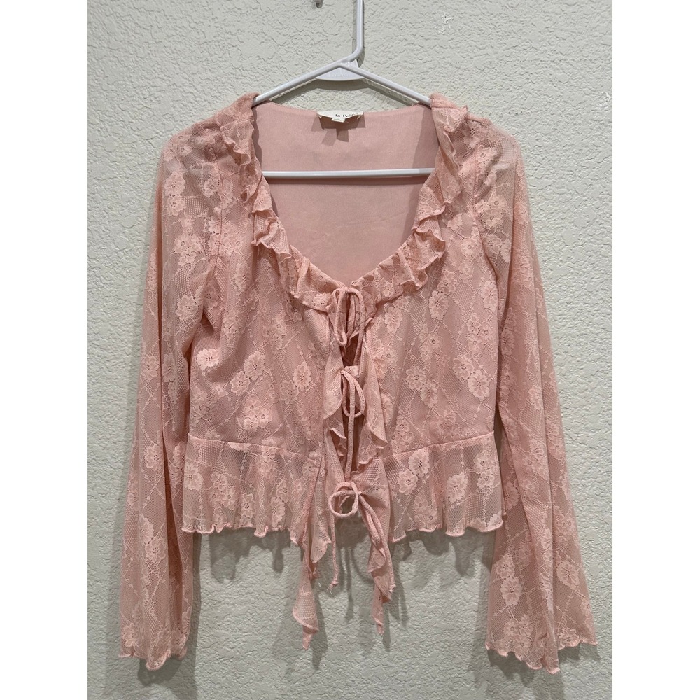 La Peche boho Pink Floral Lace Ruffle‎ Tie Front Cardigan Top Long Sleeve Small